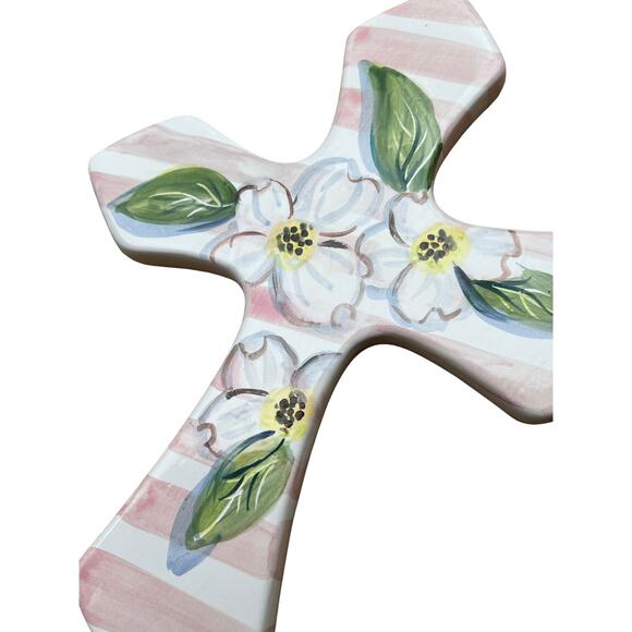 CERAMIC CROSS with Dogwood Blossoms & Pink Stripes/Wall Art Ready to Hang - Picture 5 of 10